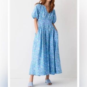 NWT J.Crew Provence Smocked-Waist Midi Dress Marigold Blooms Blue Size L Tall